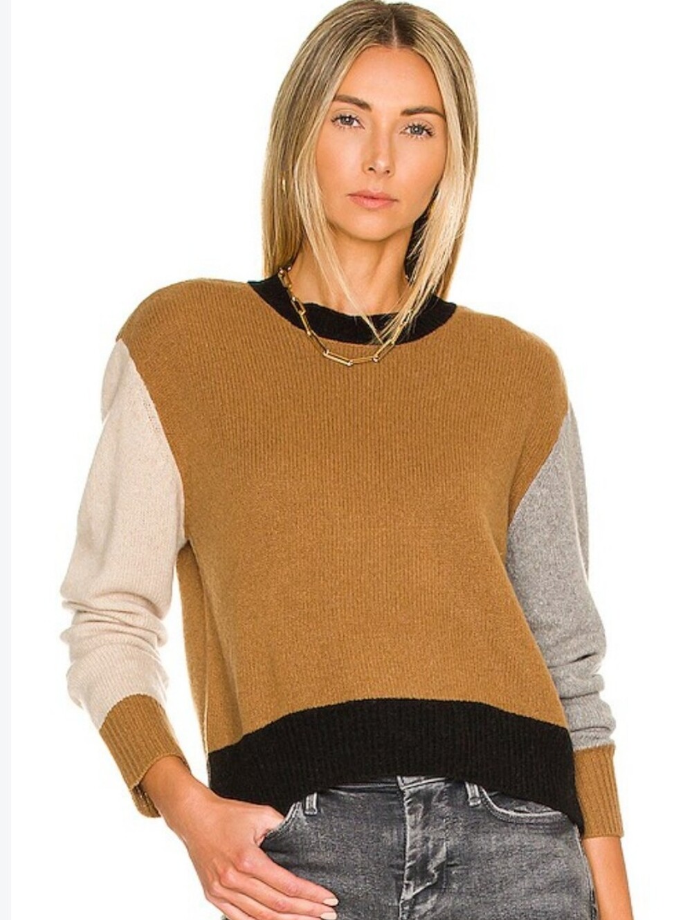 Frame Cashmere Colorblock Crew Sweater in Vicuna Multi Size Medium